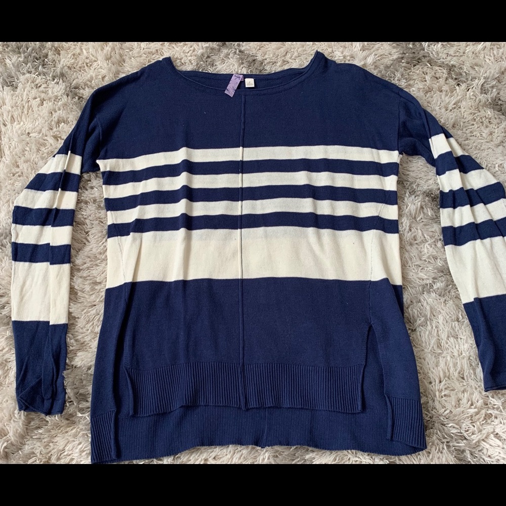 Navy and white striped sweater.